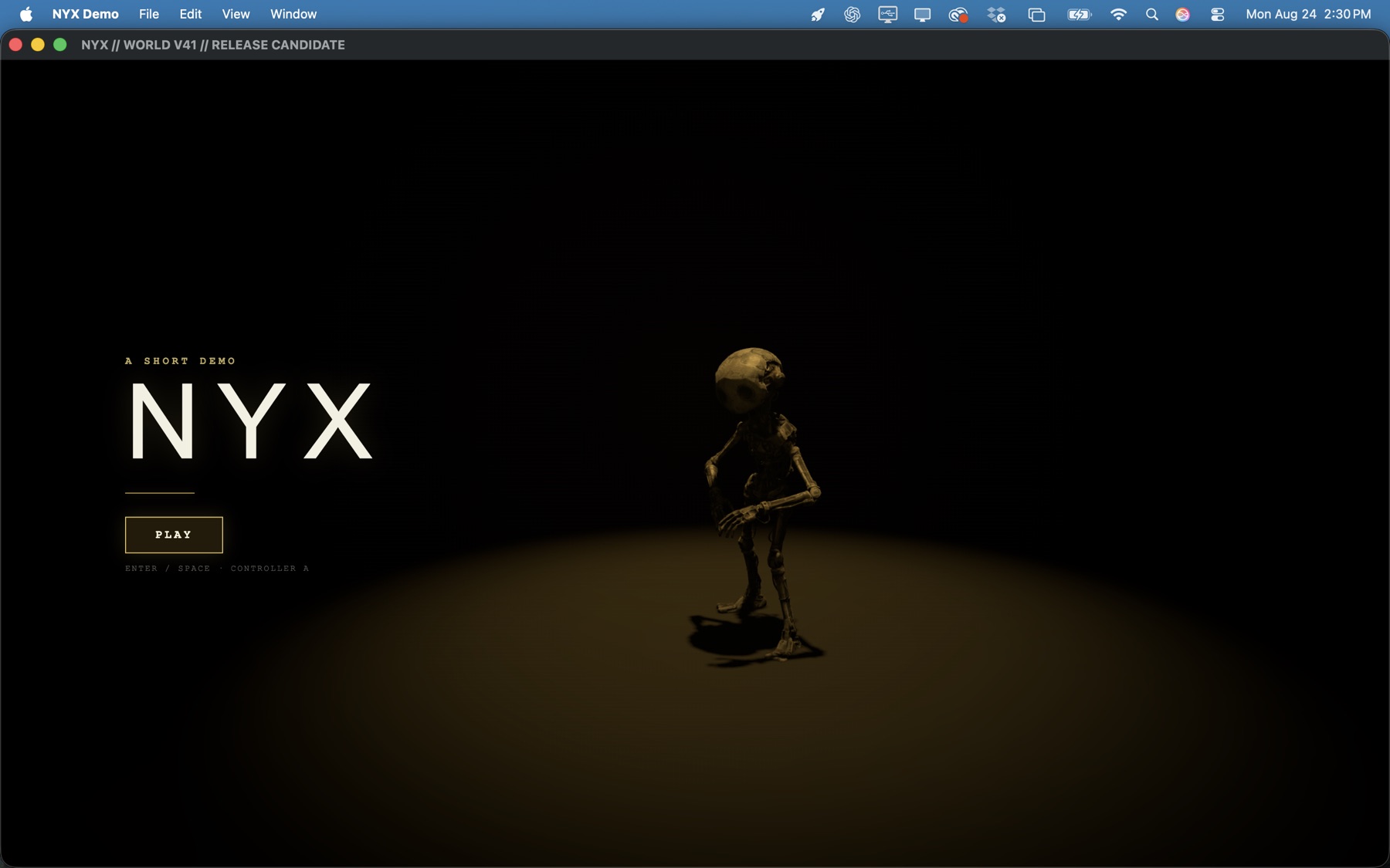 The authentic packaged NYX demo title screen, showing NYX seated in a pool of amber light beside the Play control.