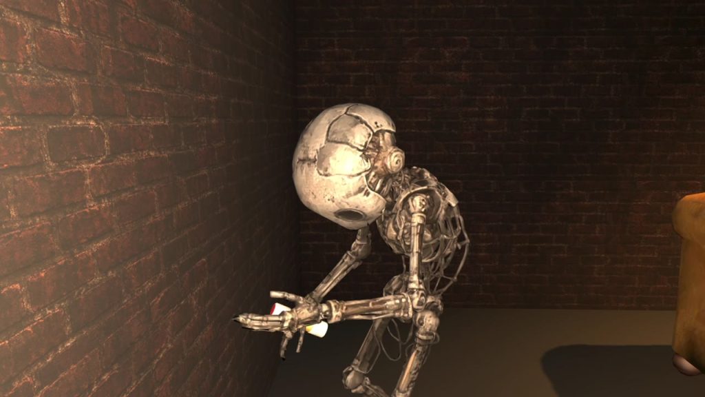 Close view of NYX holding a small recovered object in an abandoned room.