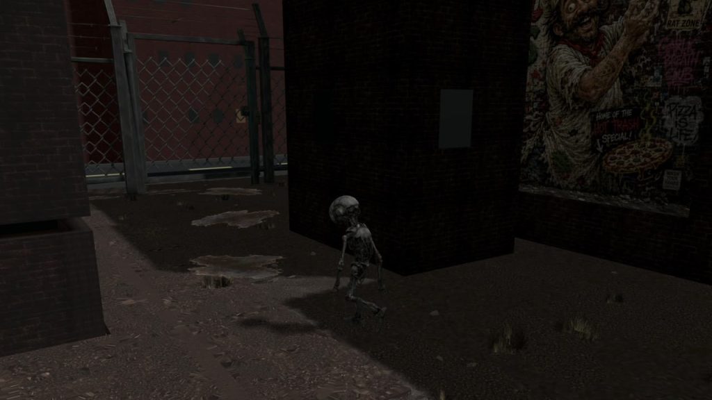 NYX walking through a ruined brick passage beside a chain-link gate and weathered wall art.