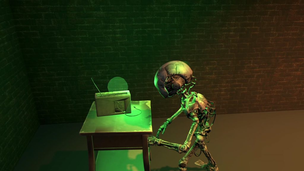 NYX standing beside a radio on a small table under eerie green light.