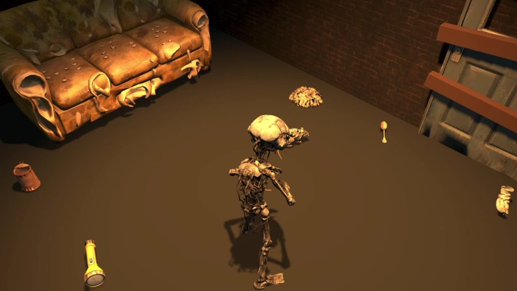 NYX examining scattered objects in an amber-lit room with a worn sofa and boarded door.